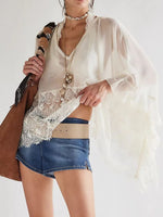 Lace V-Neck Ruffle Long Sleeve Cover-Up - Ladyez