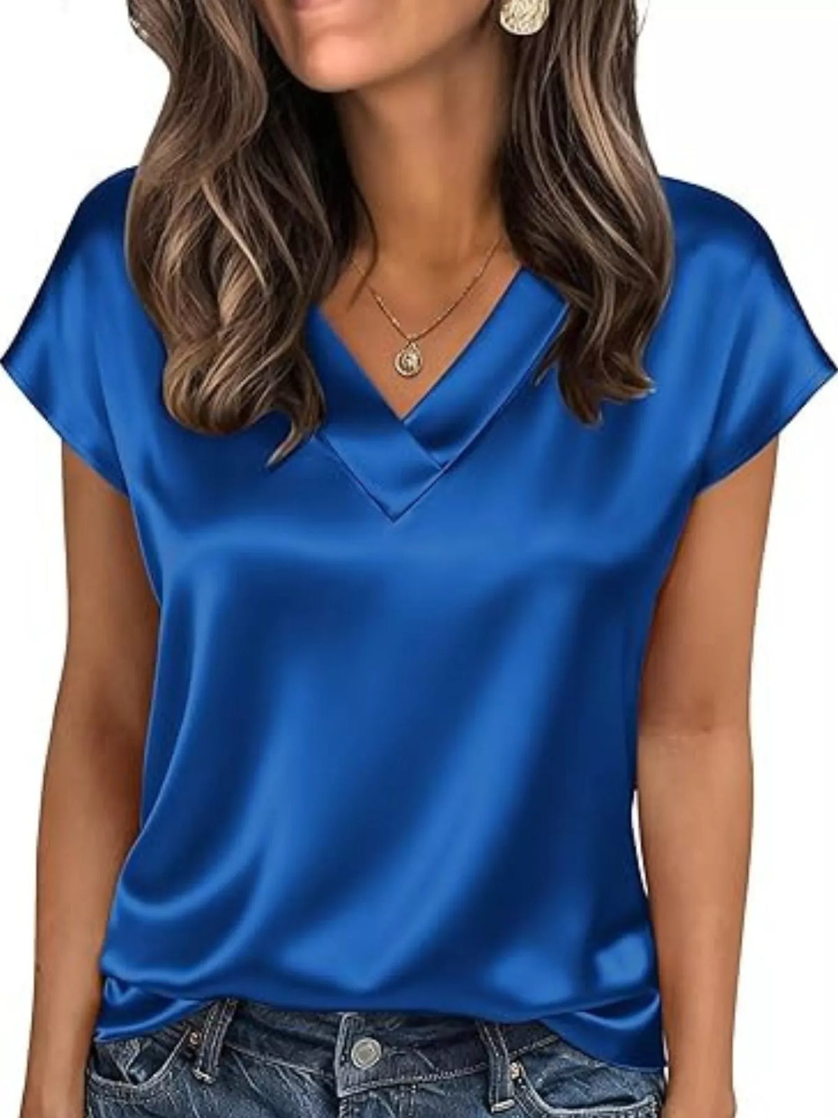 Satin V-Neck Short Sleeve Blouse