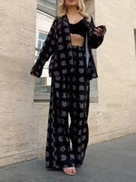 Open Front Cat Print Shirt and Pants Set