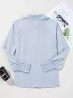 Pinstripe Long Sleeve Smocked Cuffs Button Shirt Collar Blouse