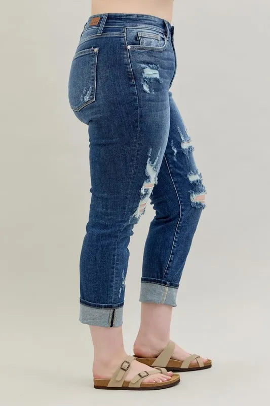 Judy Blue Full Size Mid Rise Cuffed Destroy Bf Jeans Plus Size - Ladyez