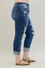 Judy Blue Full Size Mid Rise Cuffed Destroy Bf Jeans Plus Size - Ladyez