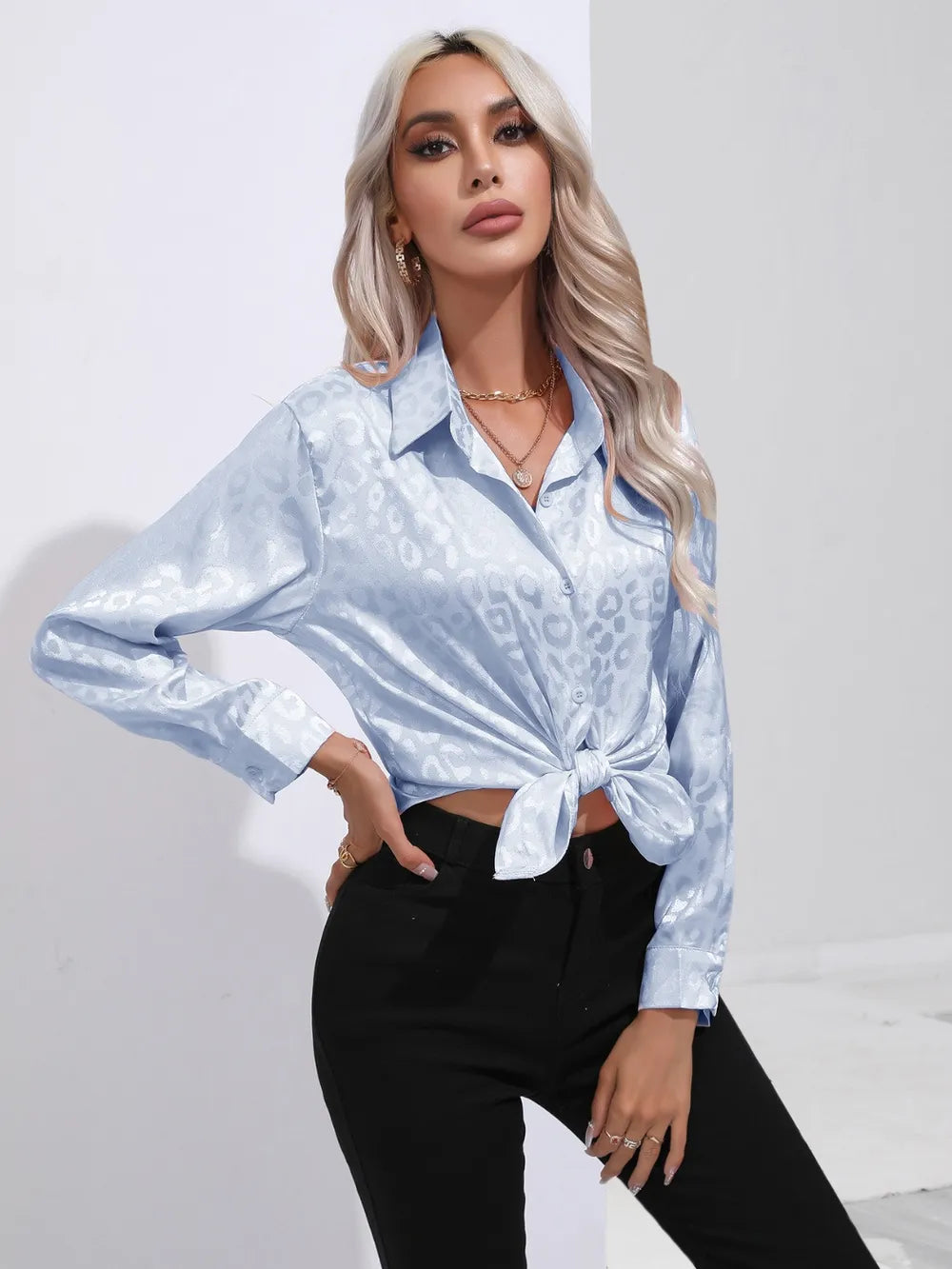 Leopard Collared Neck Long Sleeve Shirt