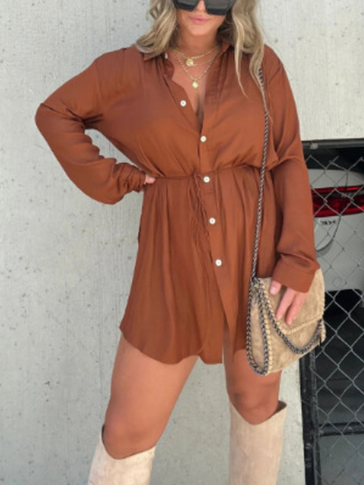 Full Size Button-Down Mini Shirt Dress Plus Size