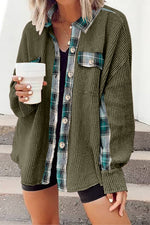 Plaid Button Down Collared Jacket - Ladyez