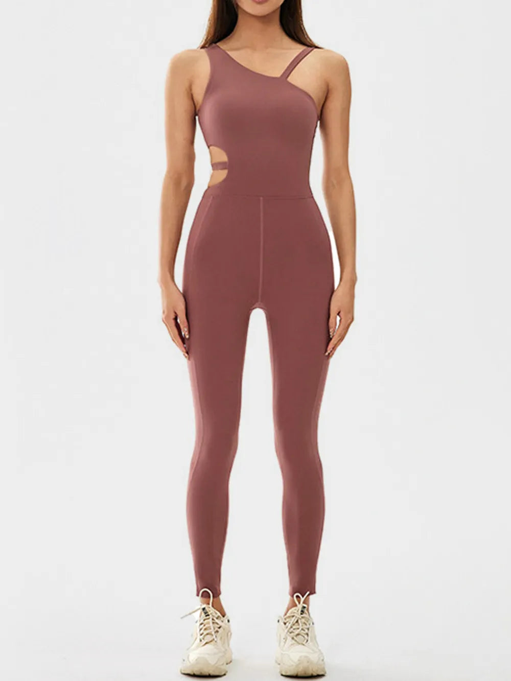 Cutout Asymmetrical Neck Active Jumpsuit - Ladyez