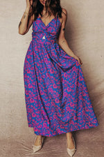 Floral Print Twisted V Neck Tied Backless Maxi Dress