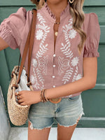 Embroidered Frill Notched Short Sleeve Blouse - Ladyez