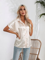 Button Down Collared Neck Short Sleeve Satin Shirt
