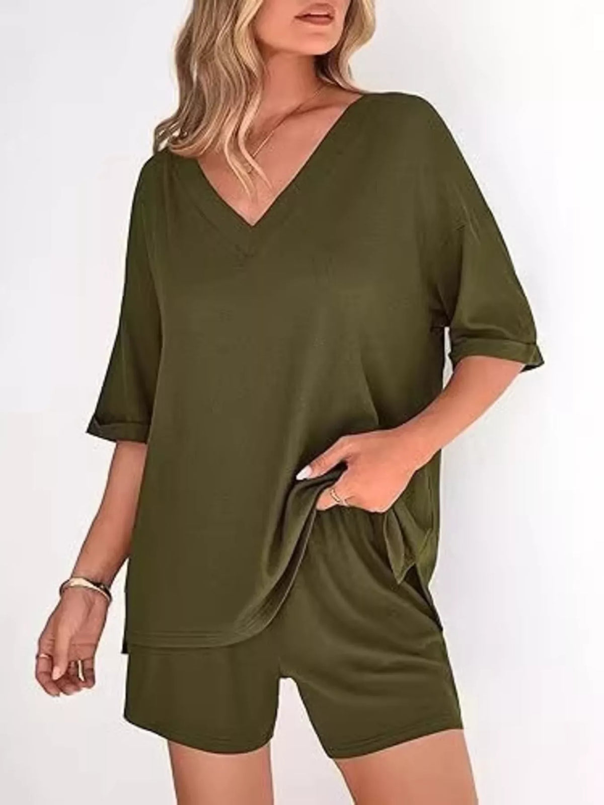 Solid Color V-Neck and Shorts Set
