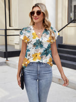 Floral Print V-Neck Cap Sleeve Casual Summer Blouse