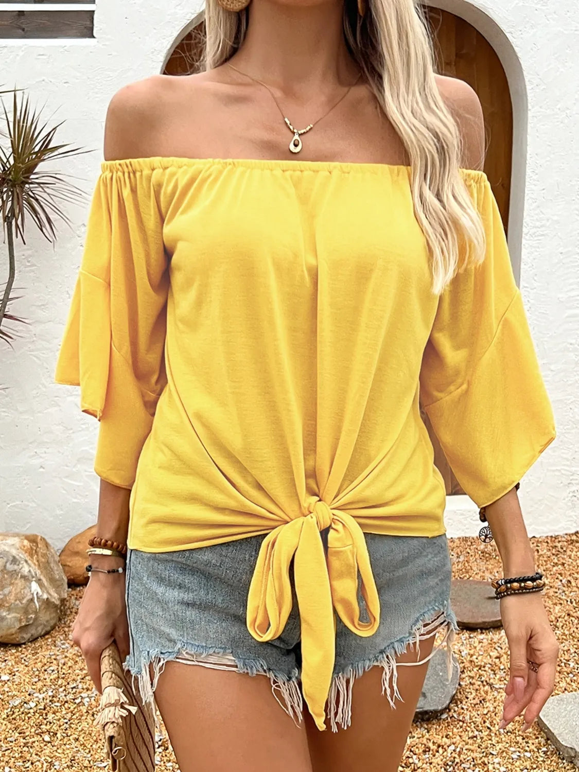 Tied Solid Off-Shoulder Blouse - Ladyez