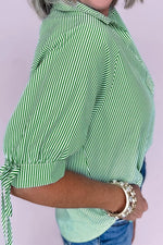 Striped Print Collared Split Neck Half Sleeve Blouse