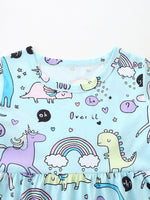 Children's Cute Cartoon Dinosaur & Unicorn Print Casual Dress