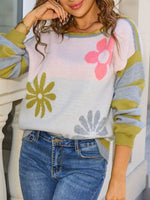 Floral Striped Sleeve Round Neck Sweater