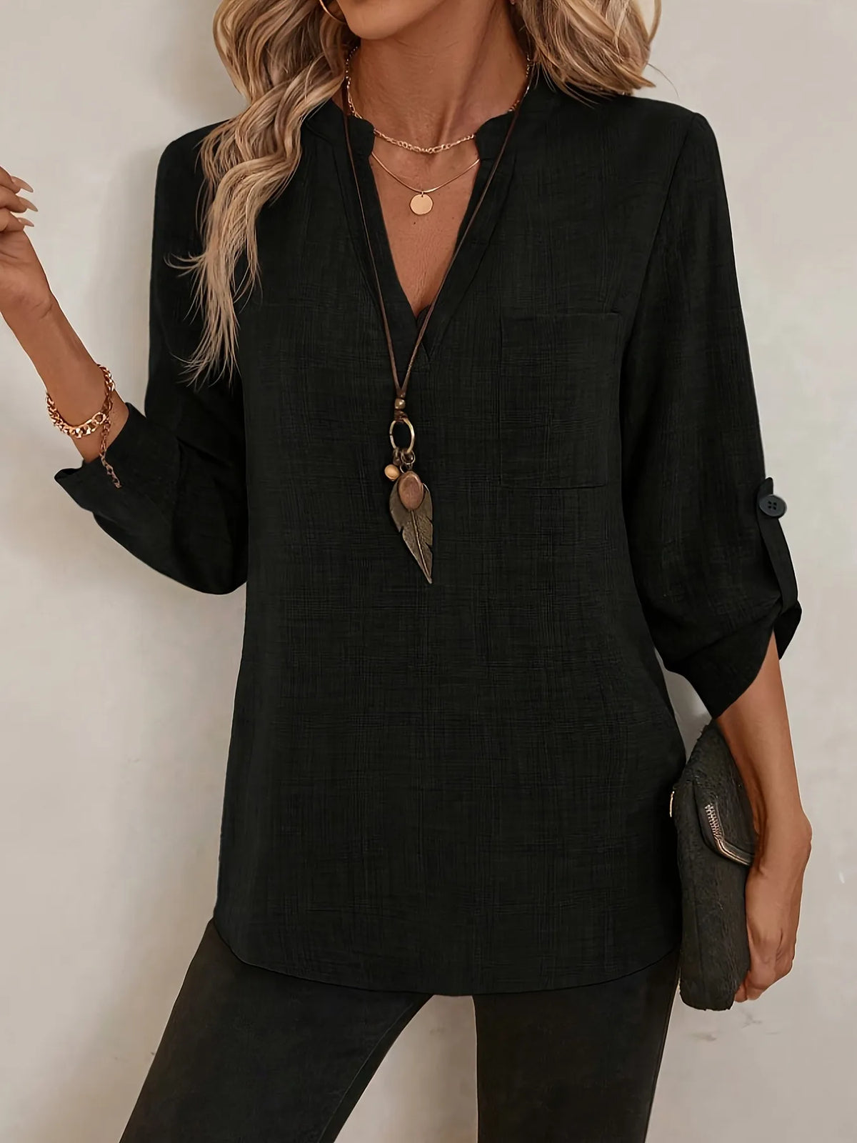 Notched Roll-Tab Sleeves Blouse - Ladyez