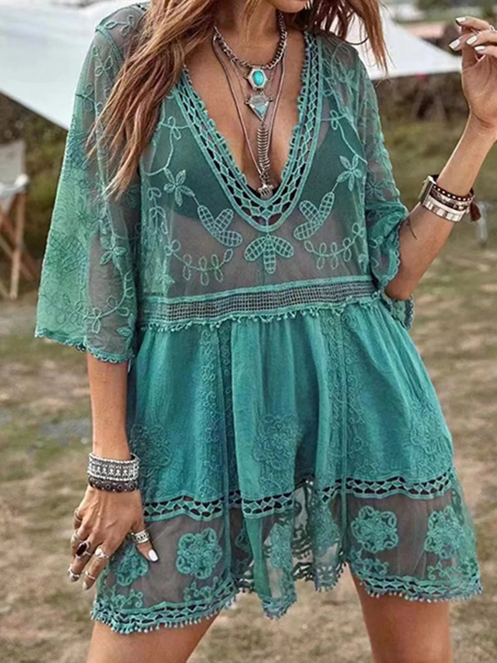 Lace Detail Plunge Cover-Up Dress - Ladyez