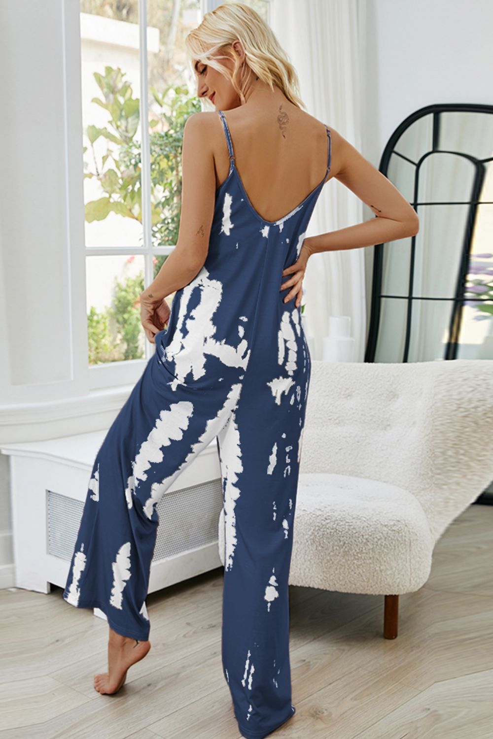 Shiny Tie-Dye Spaghetti Strap Jumpsuit with Pockets - Ladyez