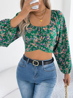 Floral Balloon Sleeve Square Neck Crop Blouse