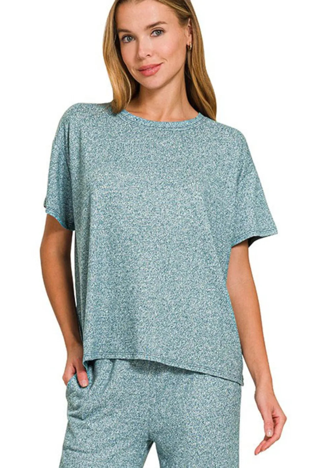 Zenana Soft Melange Short Sleeve Tee & Long Pants Set - Ladyez