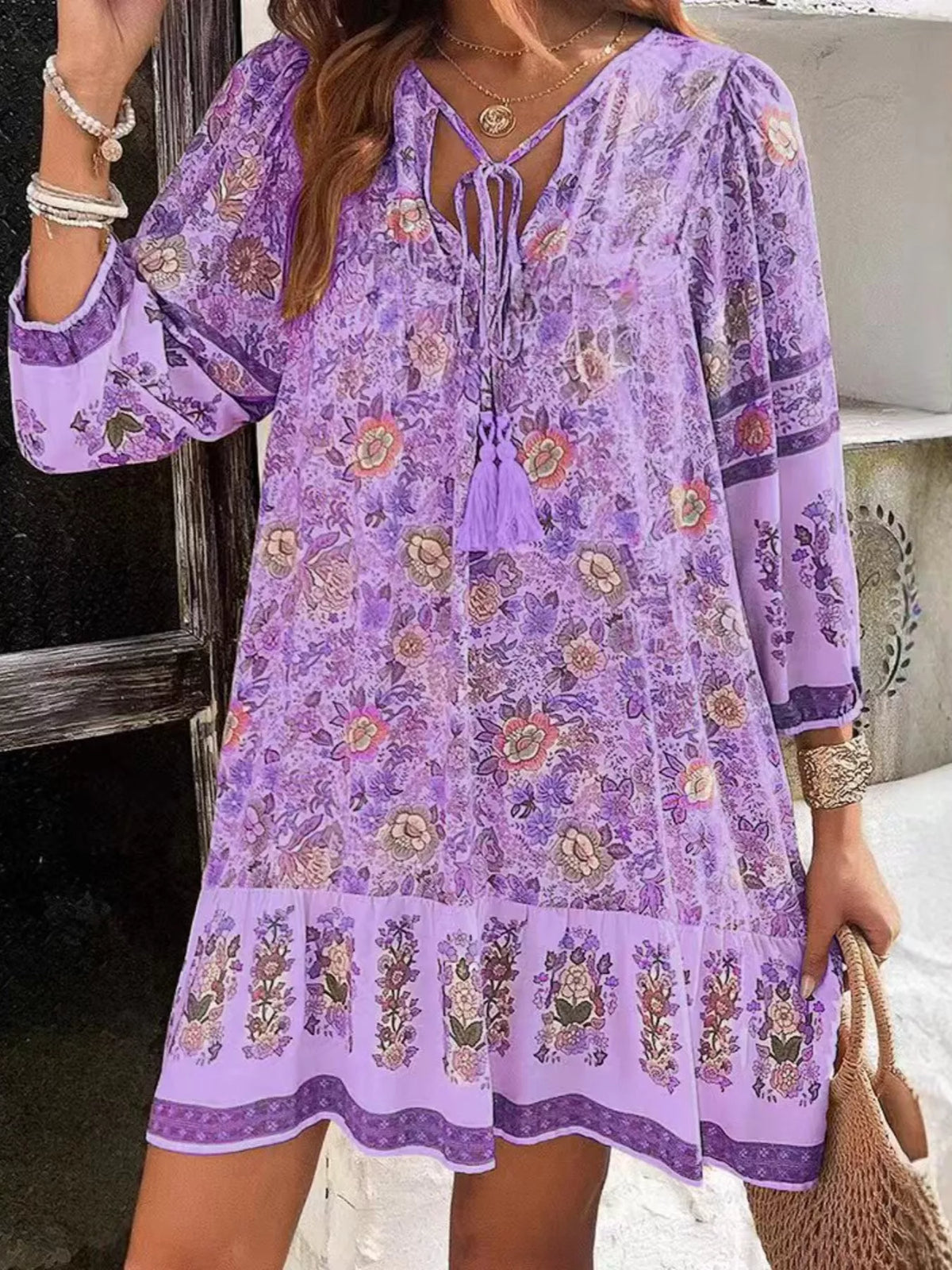 Floral Print Tassel Tie Neck Mini Dress