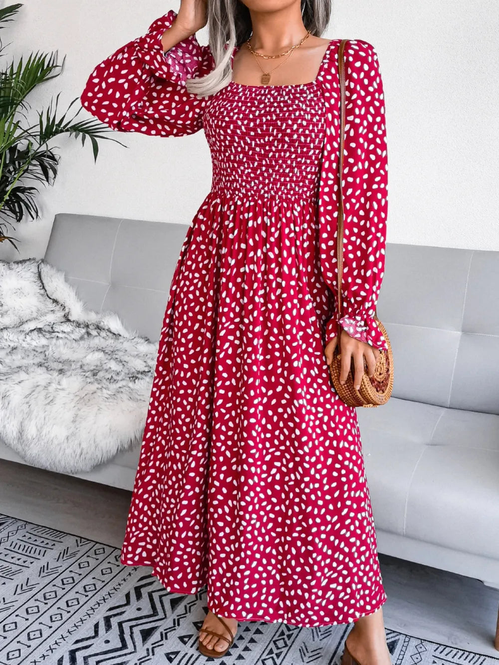 Smocked Square Neck Flounce Sleeve Dress - Ladyez