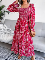 Smocked Square Neck Flounce Sleeve Dress - Ladyez