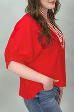 V Neck Plaid Collar Short Sleeve Tunic Blouse