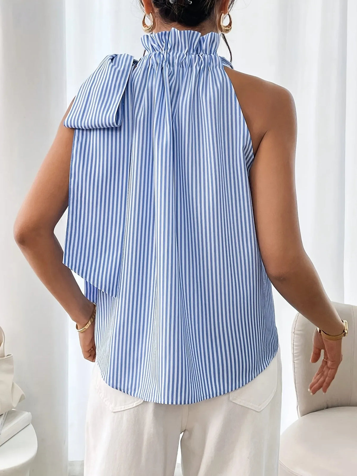 Striped Sleeveless Blouse with Bow Tie Detail - Ladyez