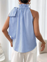 Striped Sleeveless Blouse with Bow Tie Detail - Ladyez