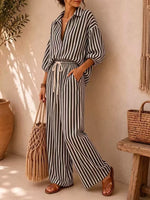 Striped Collared Shirt and Wide-Leg Drawstring Pants Set