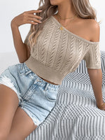 Openwork Single Shoulder Short Sleeve Knit Top