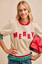 BiBi Christmas Merry Letter Patches Contrast Banded Top