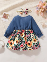 Children's Ruffled Bow Contrast Floral Dress with Headband