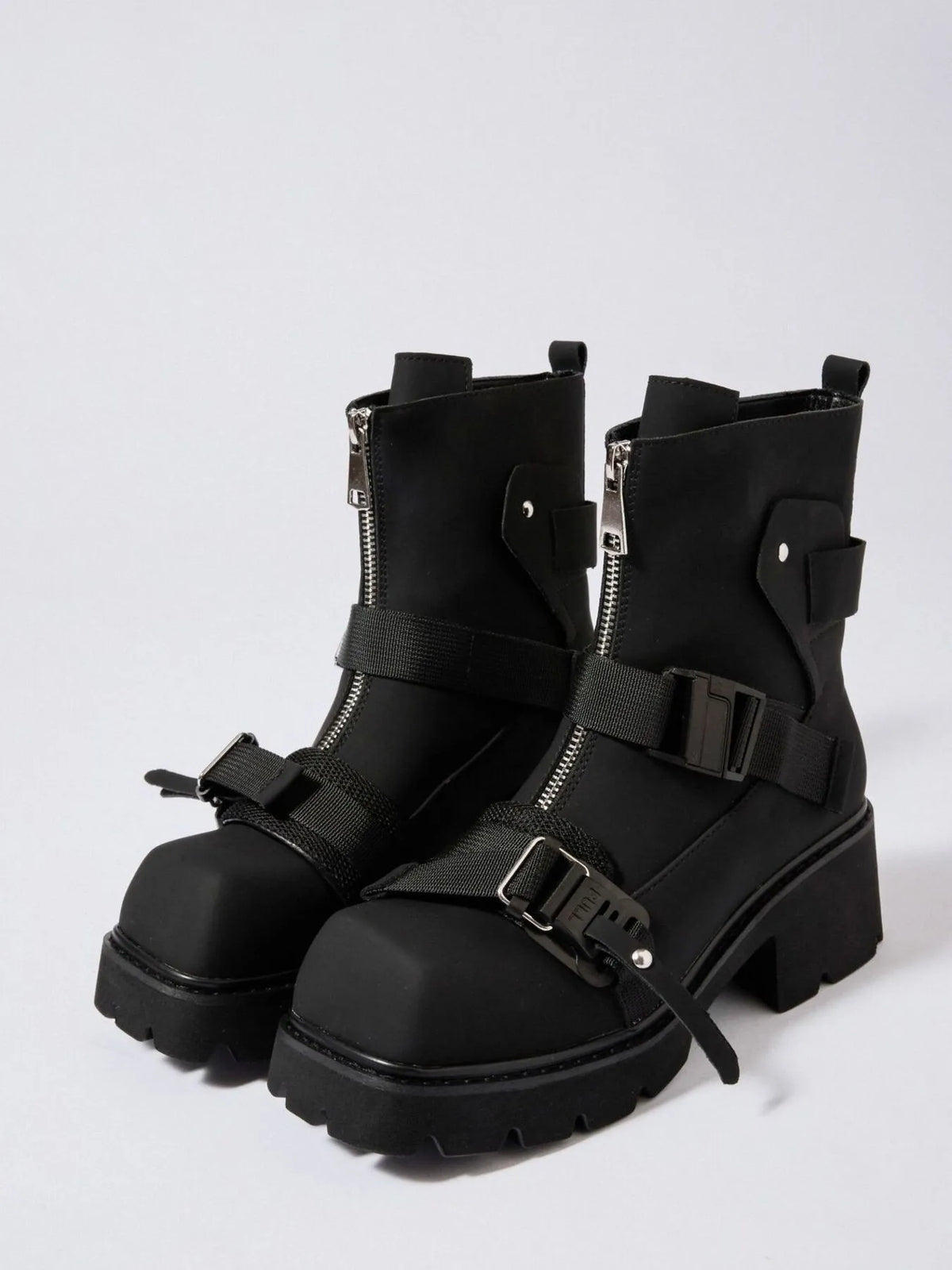 Chunky Platform Boots with Buckle Straps and Front Zip - Ladyez