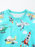 Children's Airplane & Rocket Print Crew Neck Short Sleeve T-Shirt