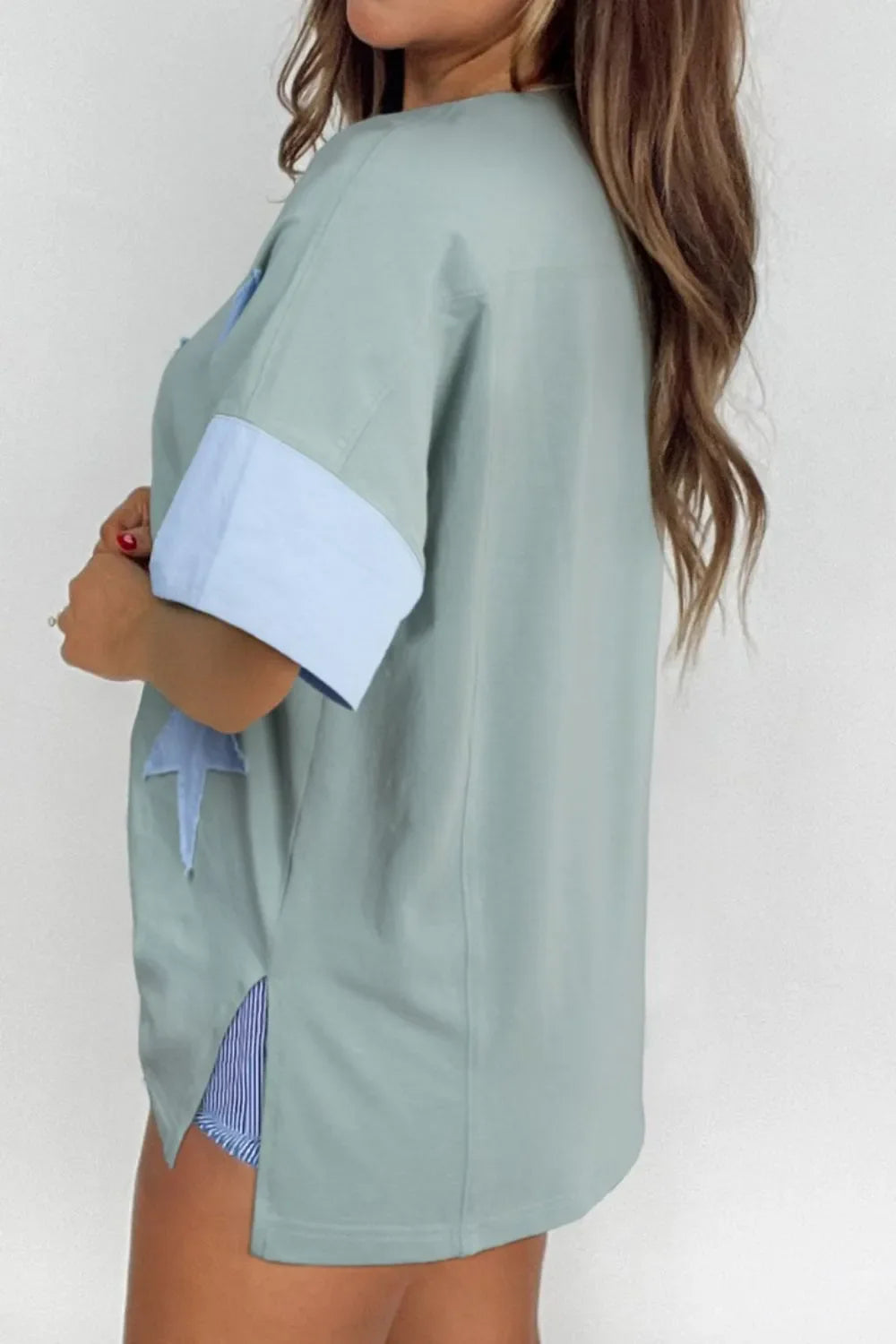 Frayed Denim Star Patched Oversize T Shirt