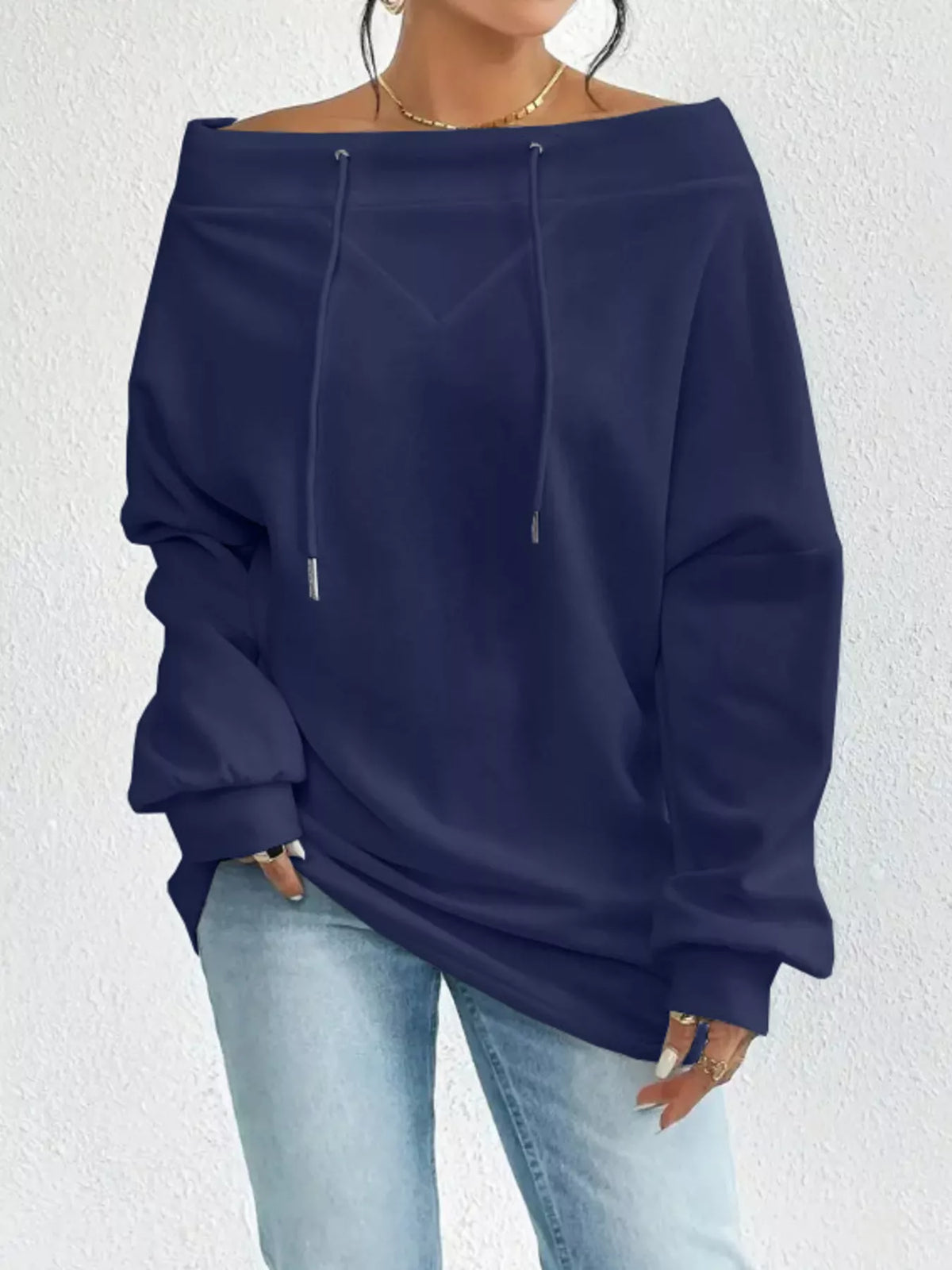 Full Size Off-Shoulder Drawstring Long Sleeve Top Plus Size