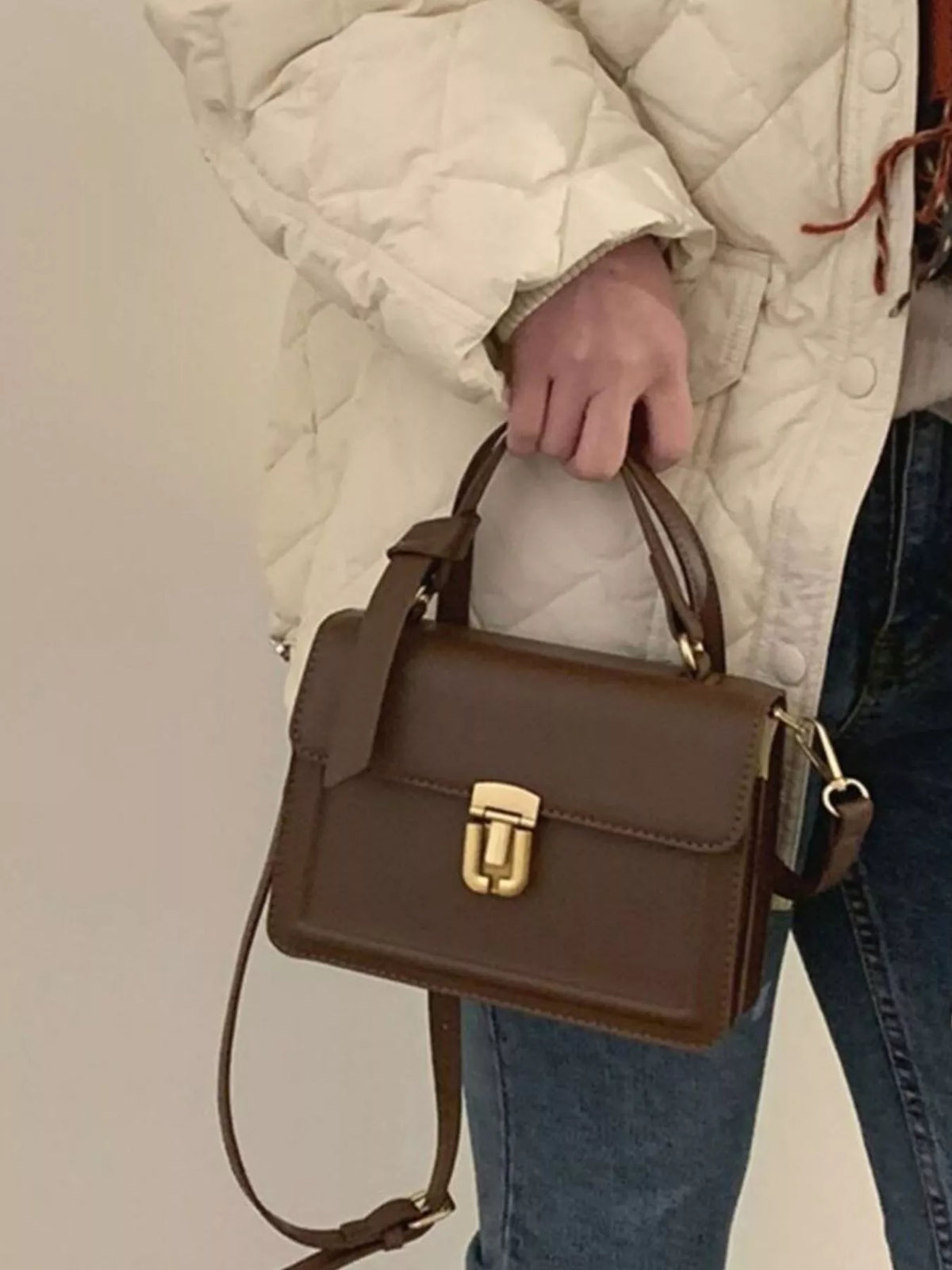 Leather Crossbody Bag with Golden Clasp