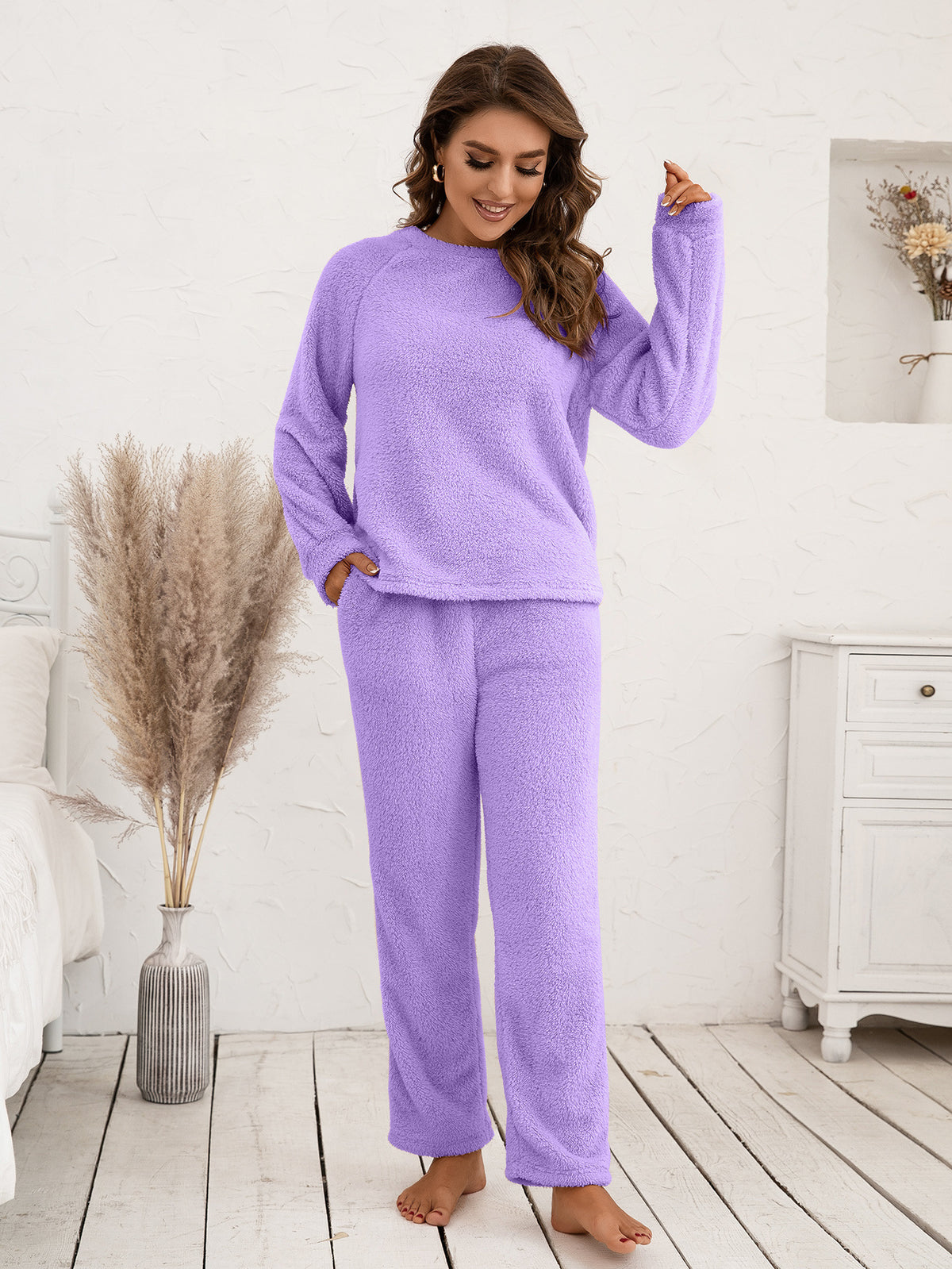 Ivy Lane Teddy Long Sleeve Top and Pants Lounge Set - Ladyez