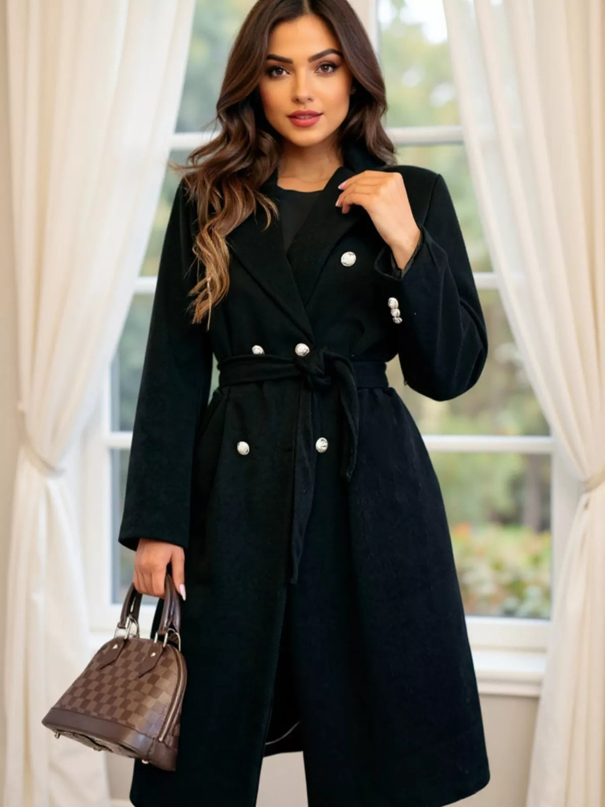 Double-Breasted Tie Waist Overcoat
