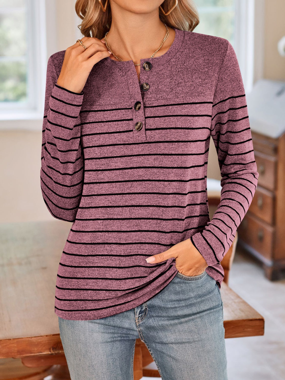 Lovelet Quarter Button Striped Round Neck Long Sleeve T-Shirt - Ladyez