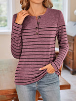 Lovelet Quarter Button Striped Round Neck Long Sleeve T-Shirt - Ladyez