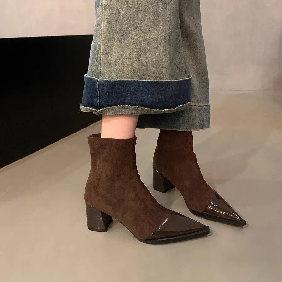 Point Toe Block Heels Boots - Ladyez