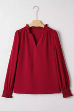 Notched Neck Shirred Cuff Long Sleeve Blouse