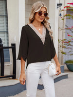 V-Neck Lace Trim Blouse - Ladyez