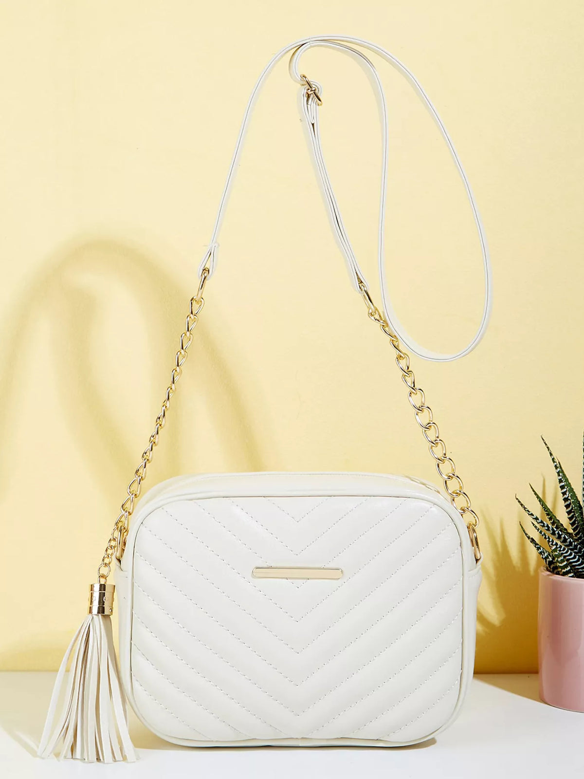 Quilted PU Leather Crossbody Bag with Tassel