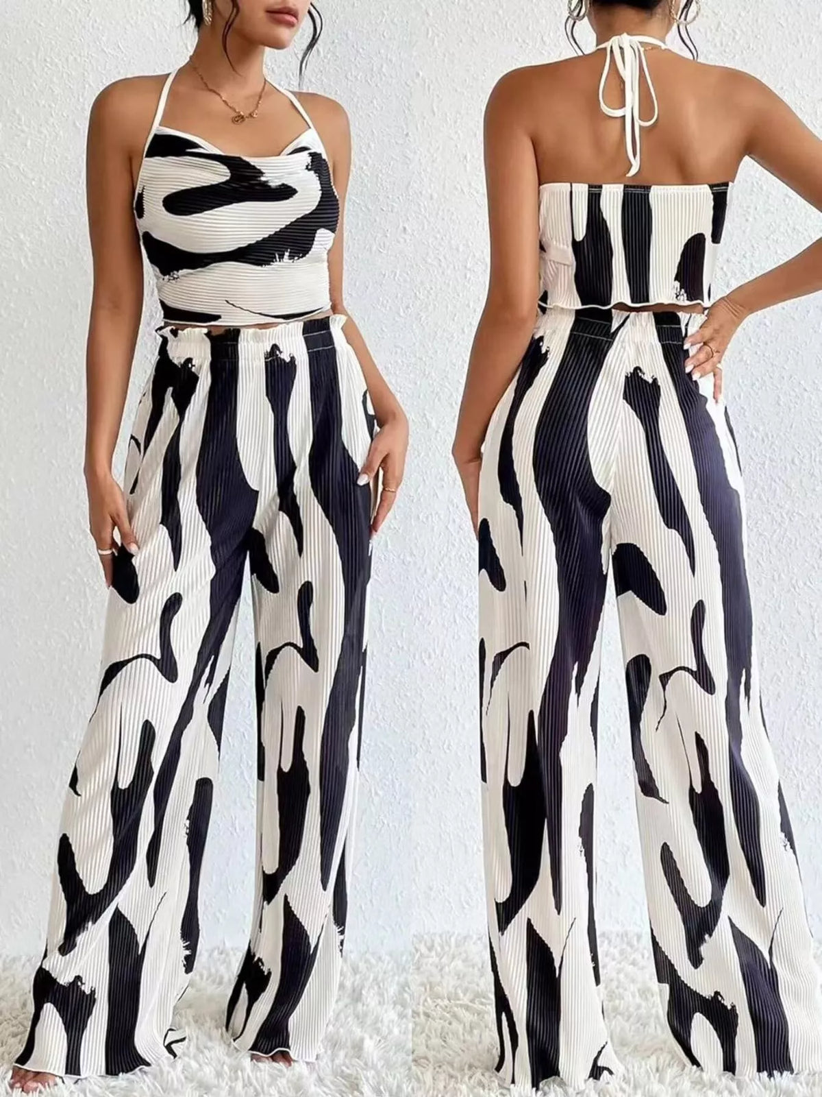 Abstract Print Halter Neck Crop Top and Wide Leg Pants Set