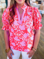 Floral Split V Neck Ruffled Short Sleeve Blouse Top - Ladyez