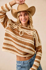 BiBi Striped Open Knit Sweater Top with Front Braided Detail
